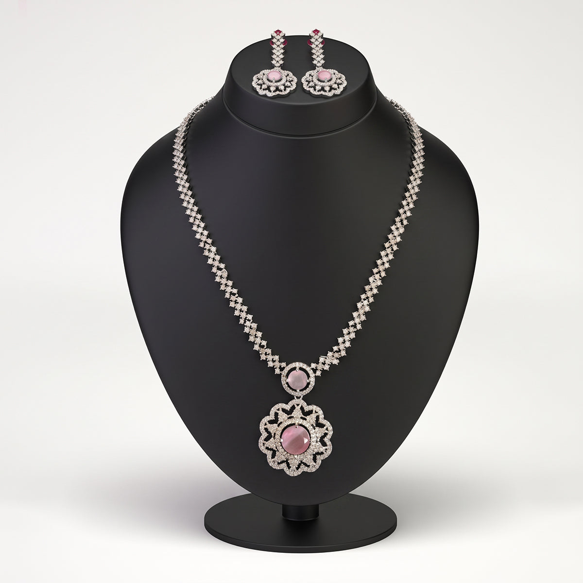 Silver Pink Stone Flower Pendant Necklace Set