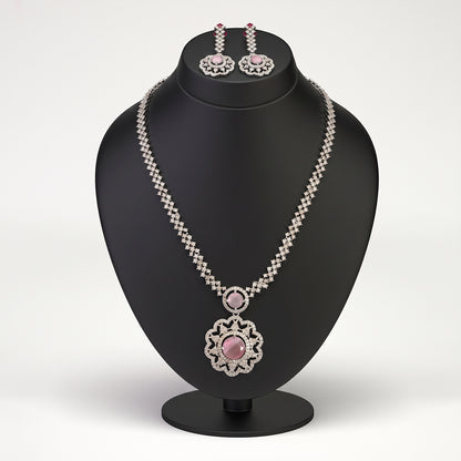 Silver Pink Stone Flower Pendant Necklace Set