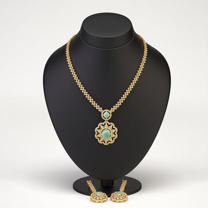 Gold Mint Stone Flower Pendant Necklace Set
