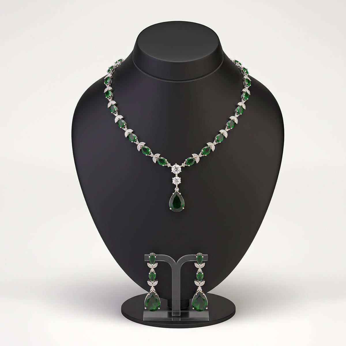 Silver Bridal Green Stone Statement Necklace Set