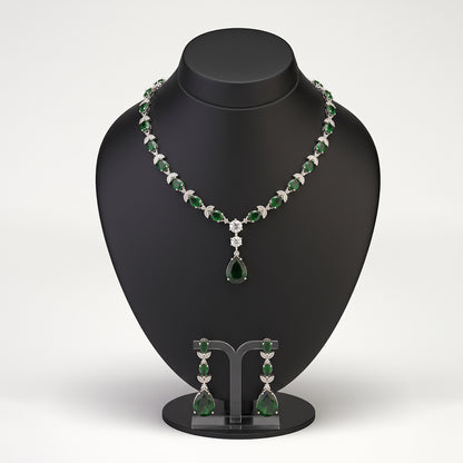 Silver Bridal Green Stone Statement Necklace Set