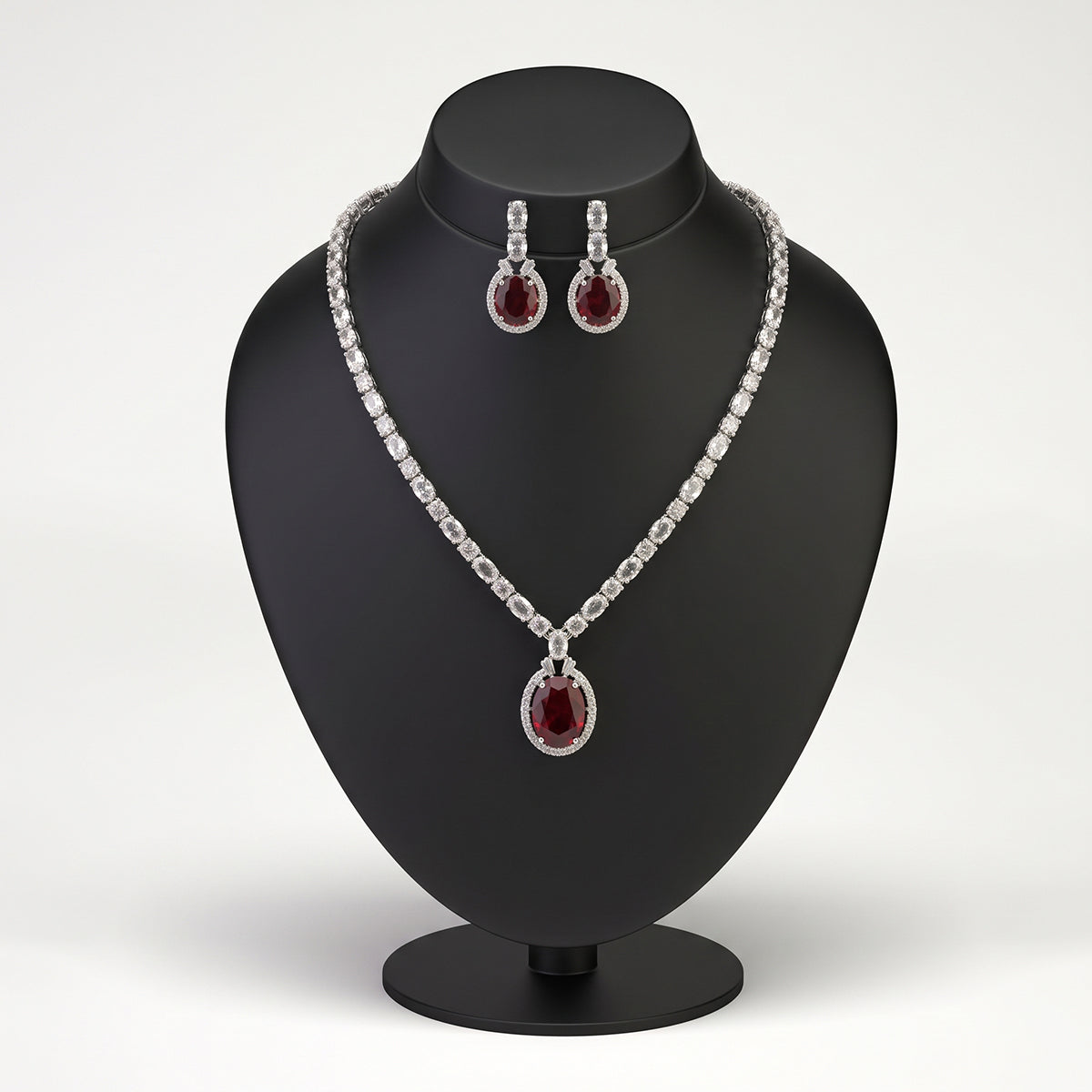 Silver Crystal Necklace Set with Garnet-Look Stone