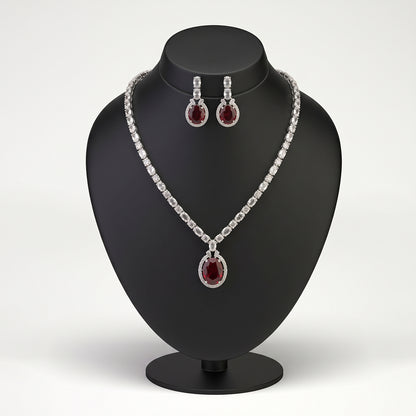 Silver Crystal Necklace Set with Garnet-Look Stone