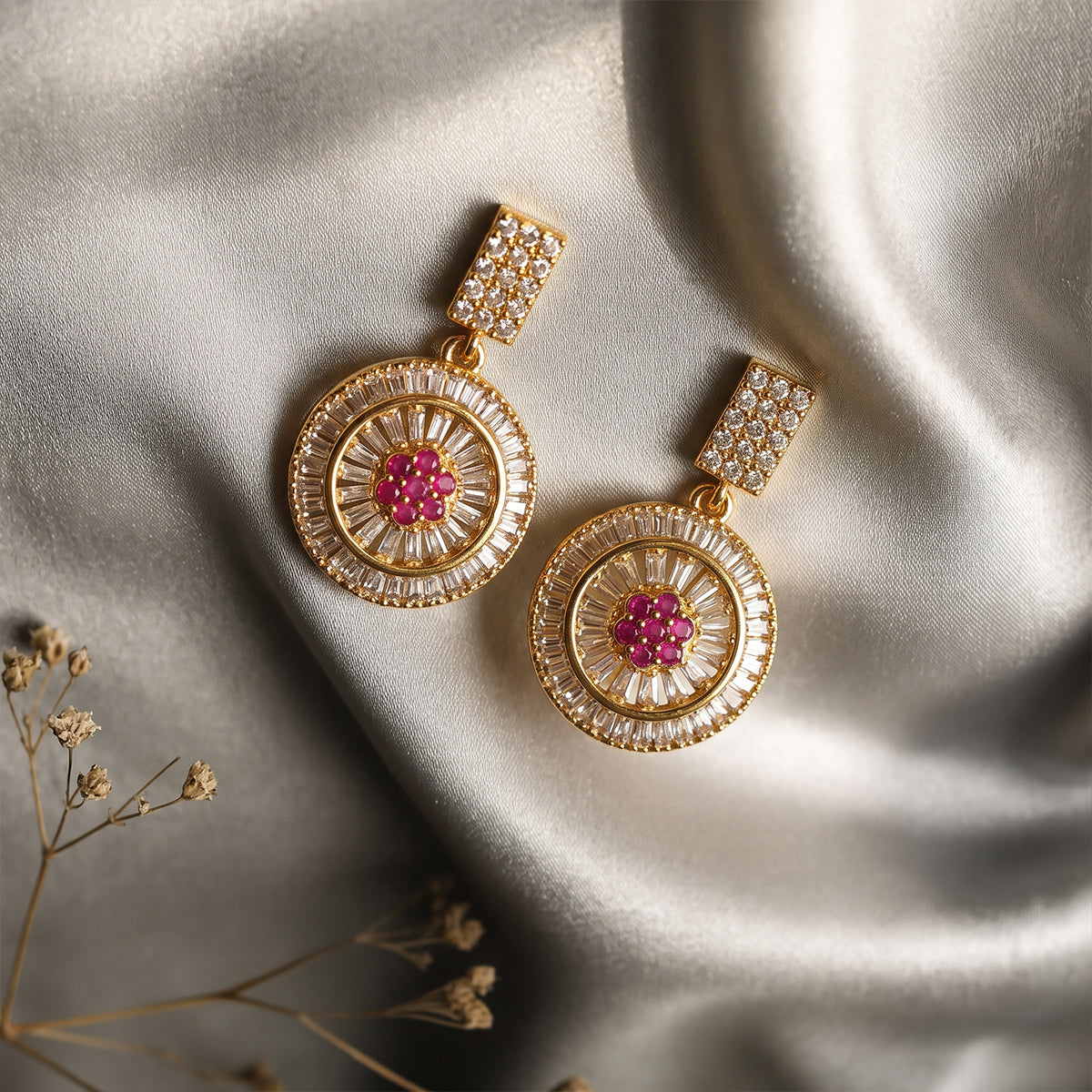 Gold Round Halo Drop Earrings with Ruby Center