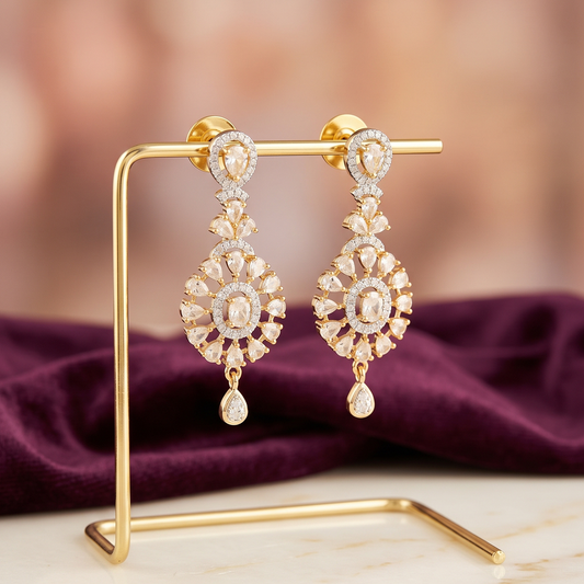 Gold Oval Crystal Medallion Drop Earrings