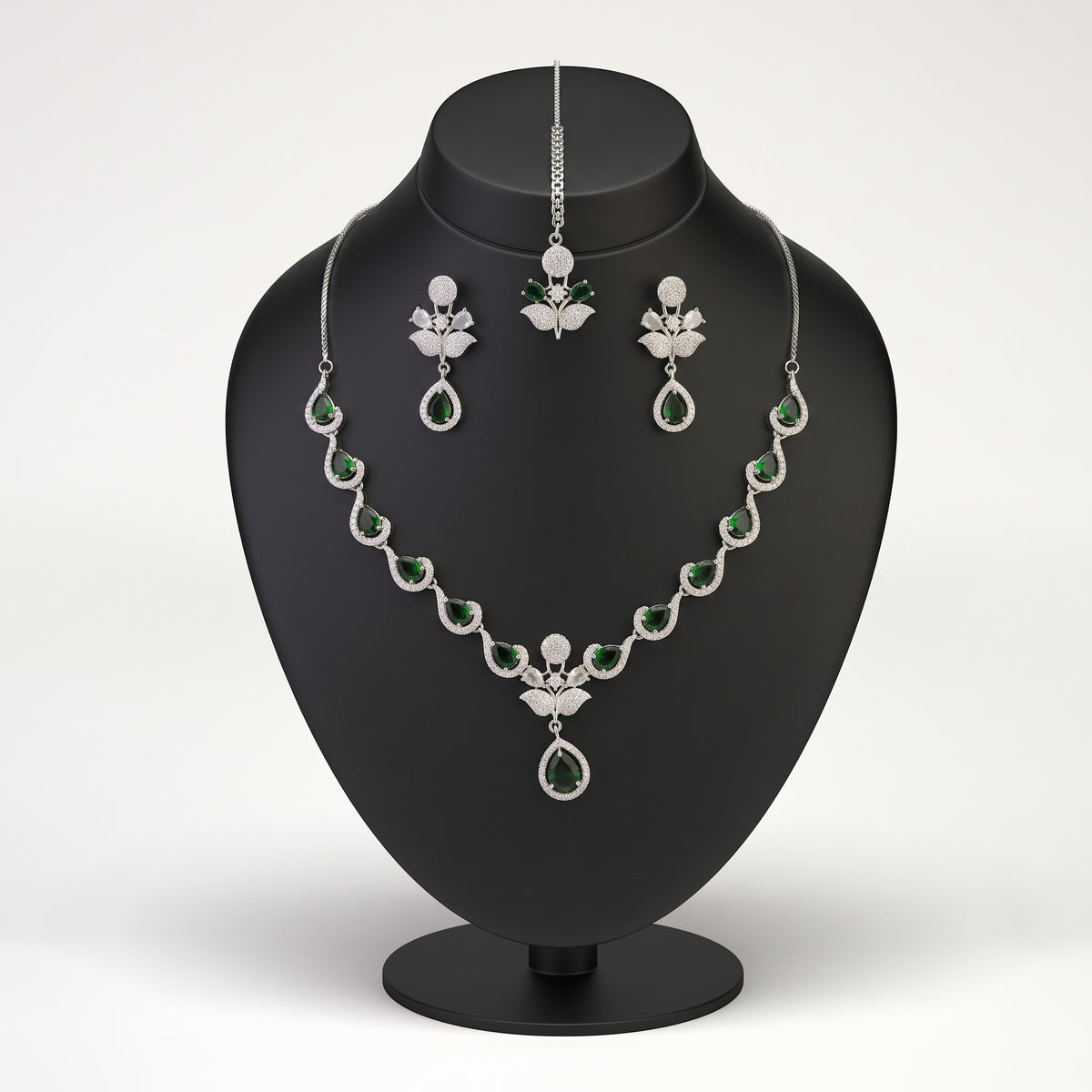Silver Green Stone Lotus Necklace, Earrings & Tikka Set
