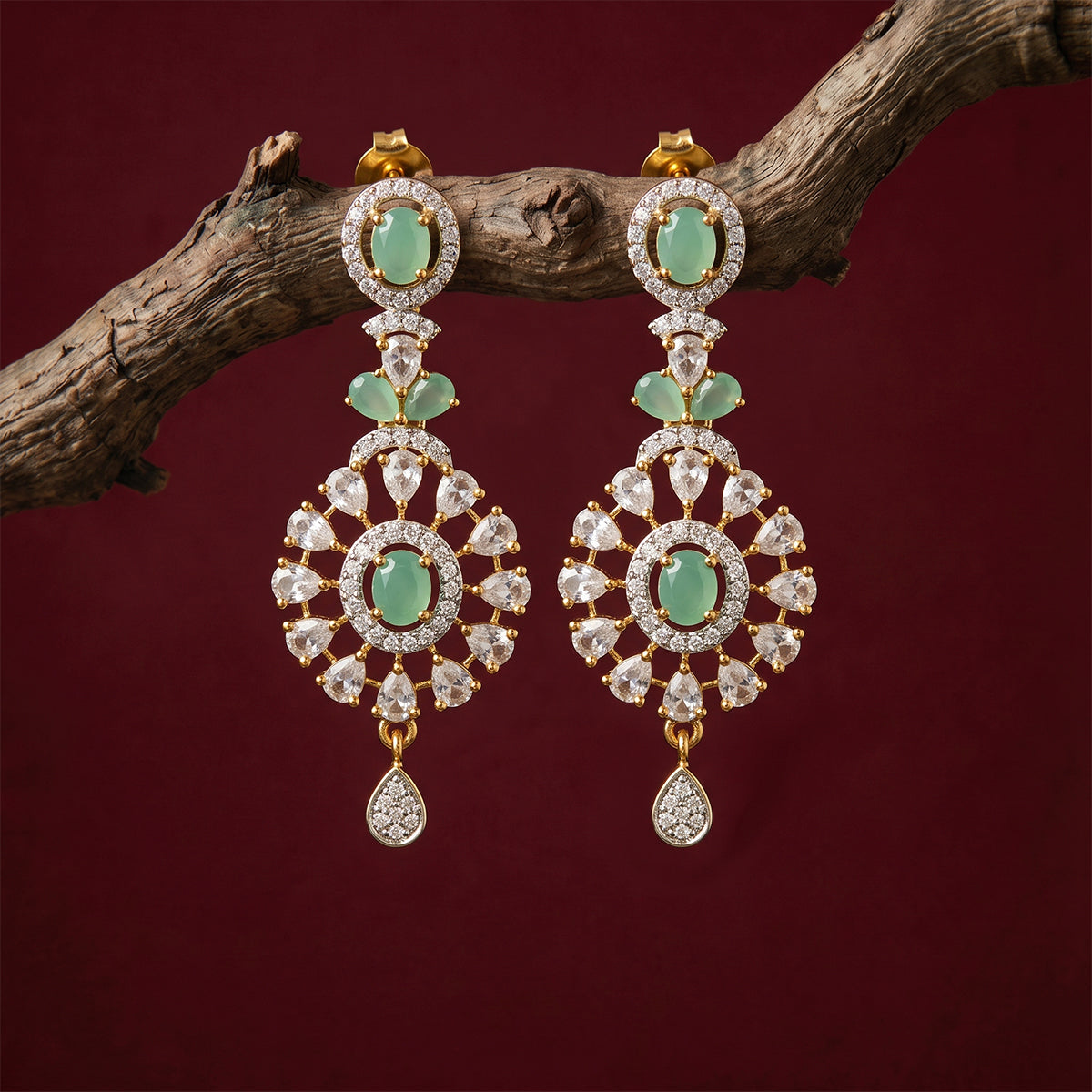 Gold Mint Stone Floral Drop Earrings