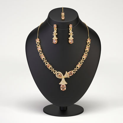 Gold Champagne Crystal Necklace, Earrings & Tikka Set
