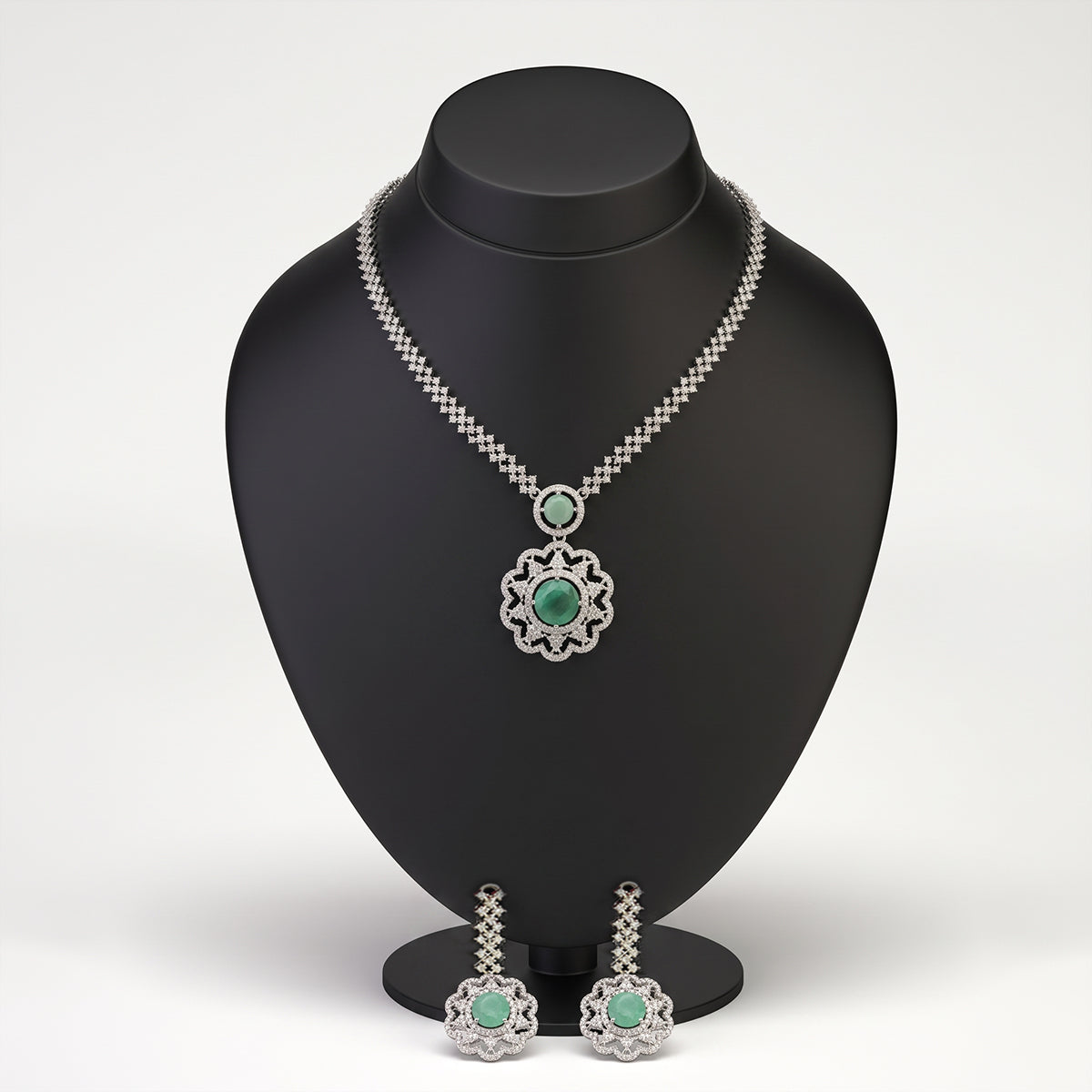 Silver Crystal Statement Necklace Set with Emerald-Look Stone