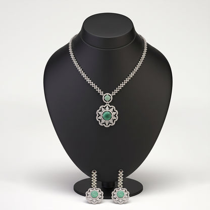 Silver Crystal Statement Necklace Set with Emerald-Look Stone