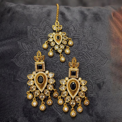 Kundan Pearl Drop Earrings with Tikka Set