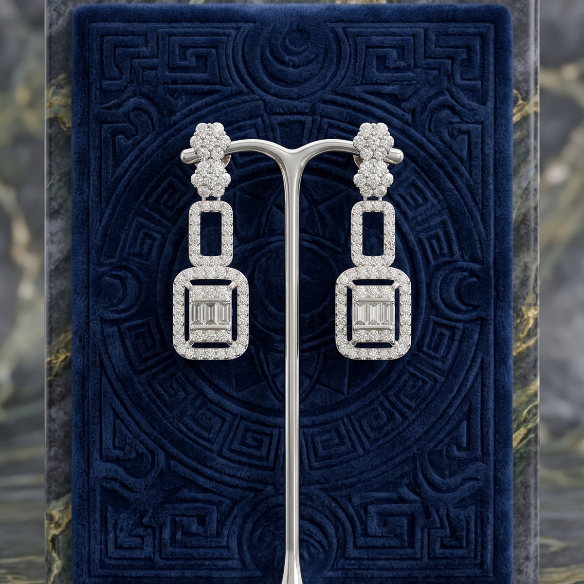 Silver Crystal Geometric Drop Earrings