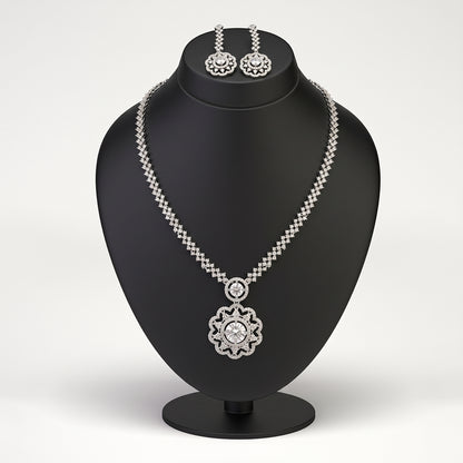 Silver Round Flower Pendant Necklace Set