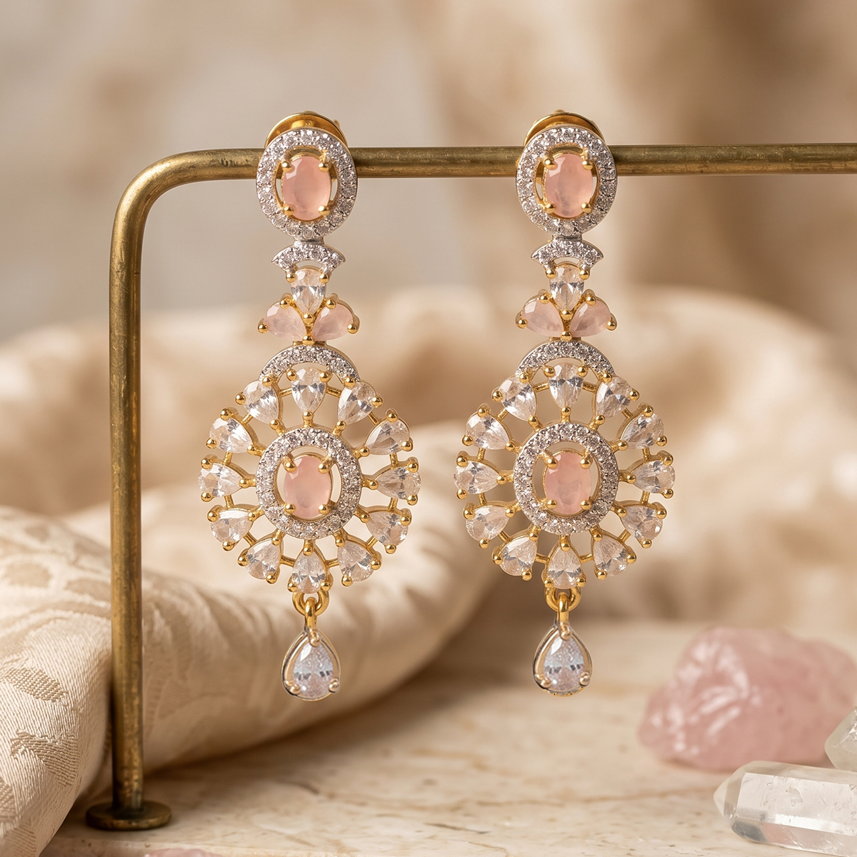 Gold Oval Crystal Medallion Drop Earrings