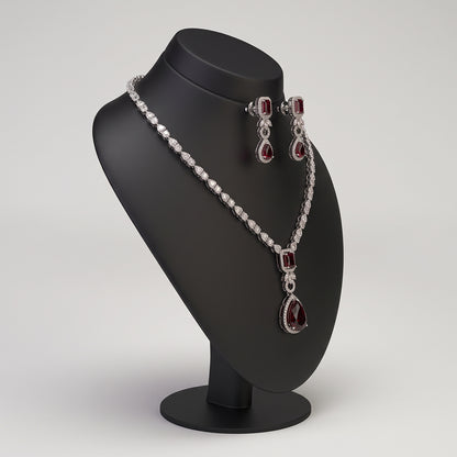 Silver Red Stone Pendant Necklace Set with Drop Earrings