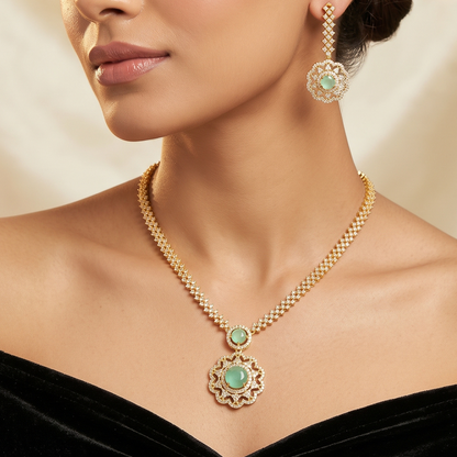 Gold Mint Stone Flower Pendant Necklace Set