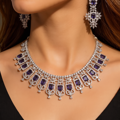 Silver Crystal Fringe Bridal Set with Purple Stones