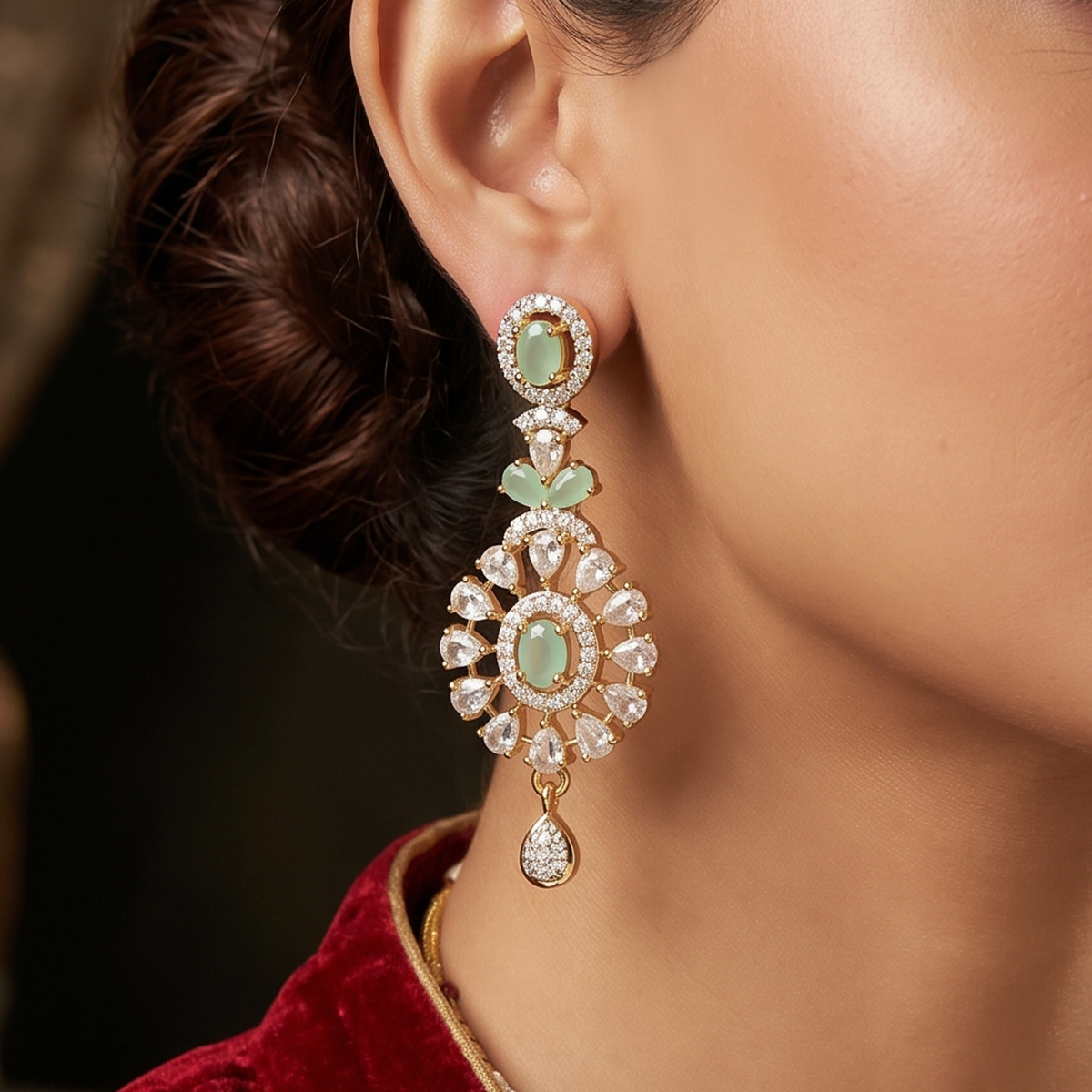 Gold Mint Stone Floral Drop Earrings