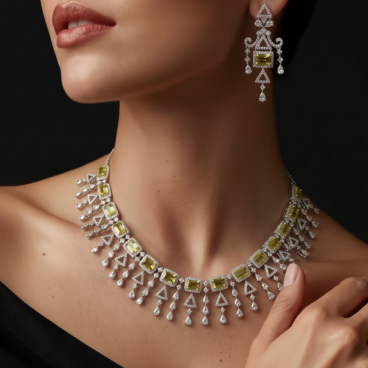 Silver Bridal Yellow Crystal Fringe Jewellery Set