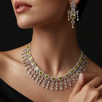 Silver Bridal Yellow Crystal Fringe Jewellery Set