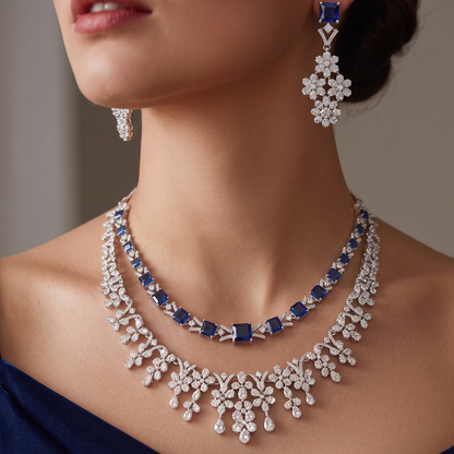 Silver Crystal Cluster Bridal Jewellery Set with Blue Stones