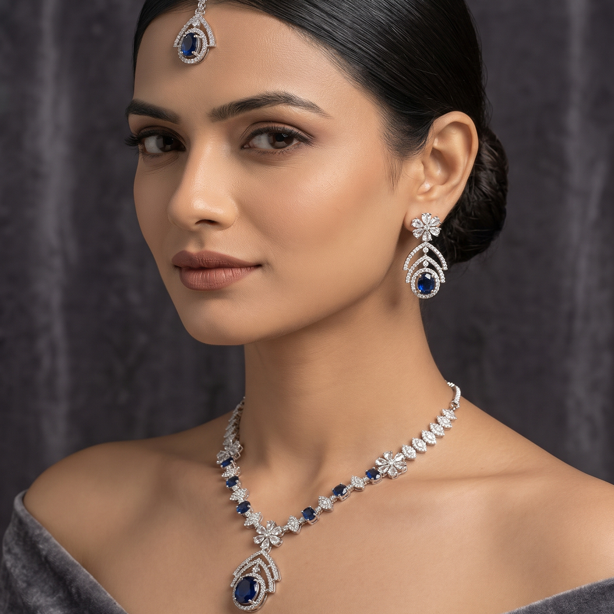 Silver Crystal Leaf Pendant Set with Blue Stones & Tikka