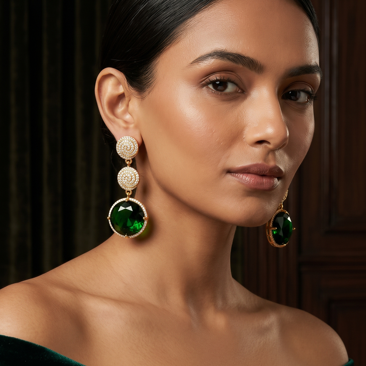 Gold Pavé Swirl Earrings with Green Stone Drop