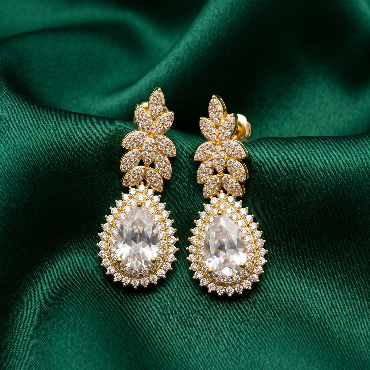 Gold Crystal Leaf & Teardrop Statement Earrings