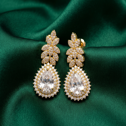 Gold Crystal Leaf & Teardrop Statement Earrings