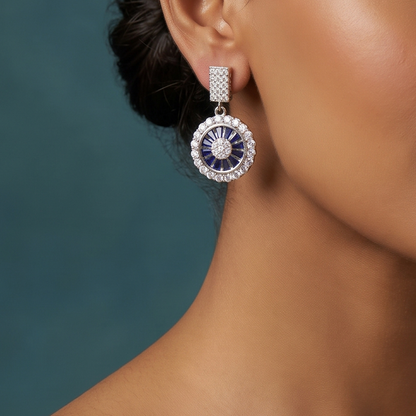 Silver Crystal Medallion Drop Earrings with Blue Stones
