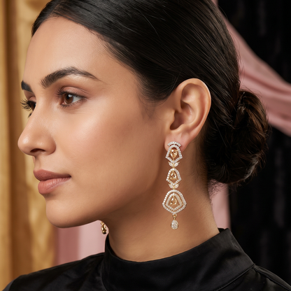 Gold Art Deco Crystal Long Drop Earrings