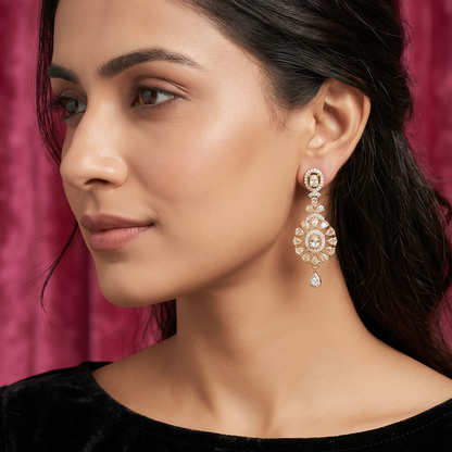 Gold Crystal Floral Halo Drop Earrings