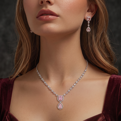 Silver Blush Pink Two-Tier Pendant Necklace Set