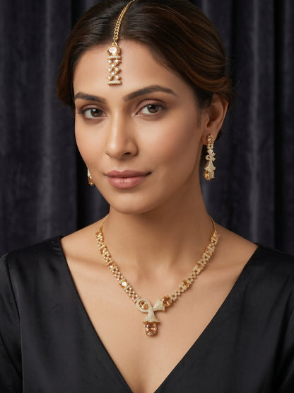 Gold Champagne Crystal Necklace, Earrings & Tikka Set