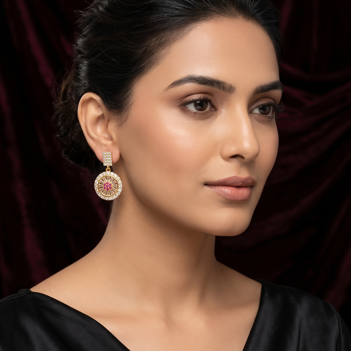 Gold Round Halo Drop Earrings with Ruby Center