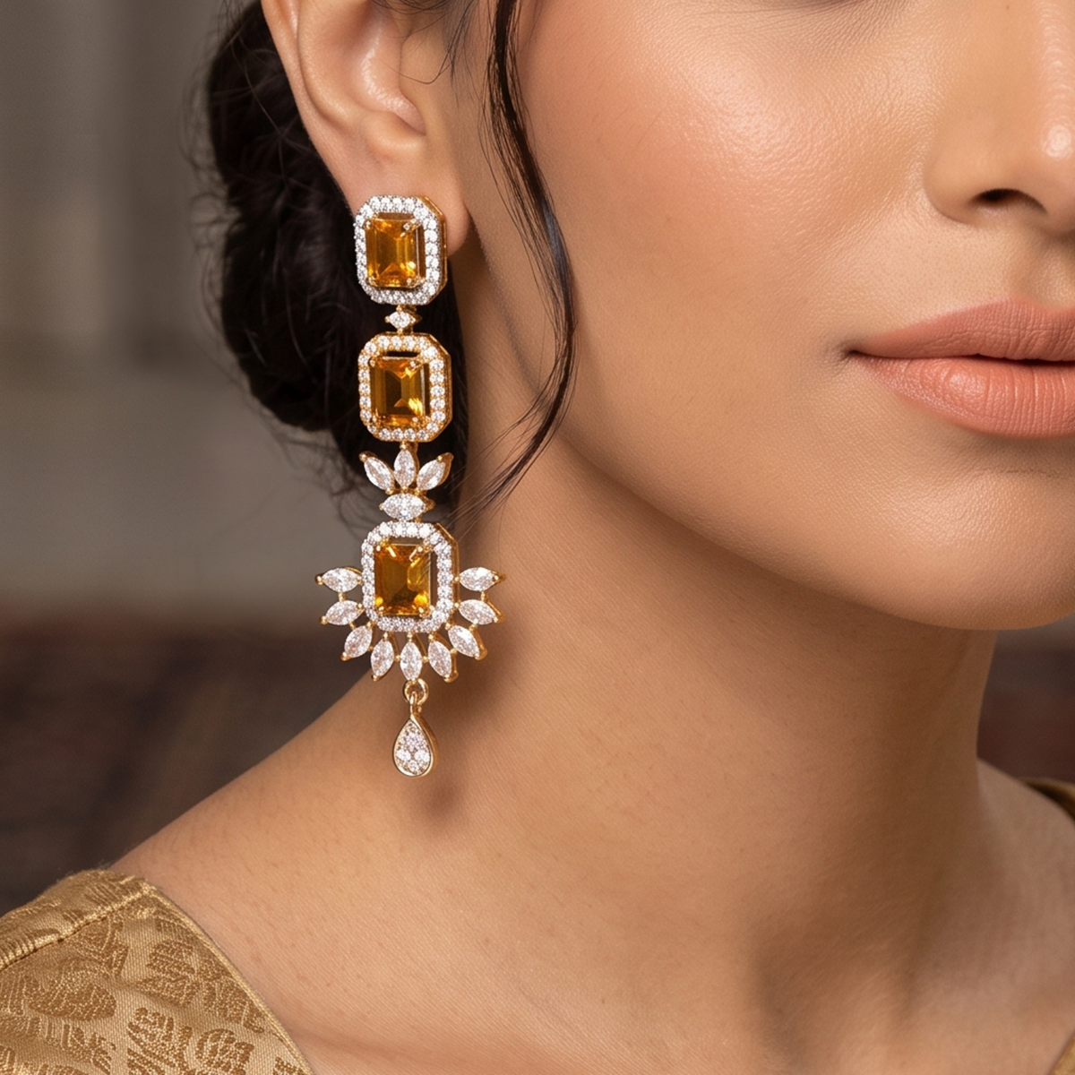 Gold Citrine-Look Emerald-Cut Drop Earrings