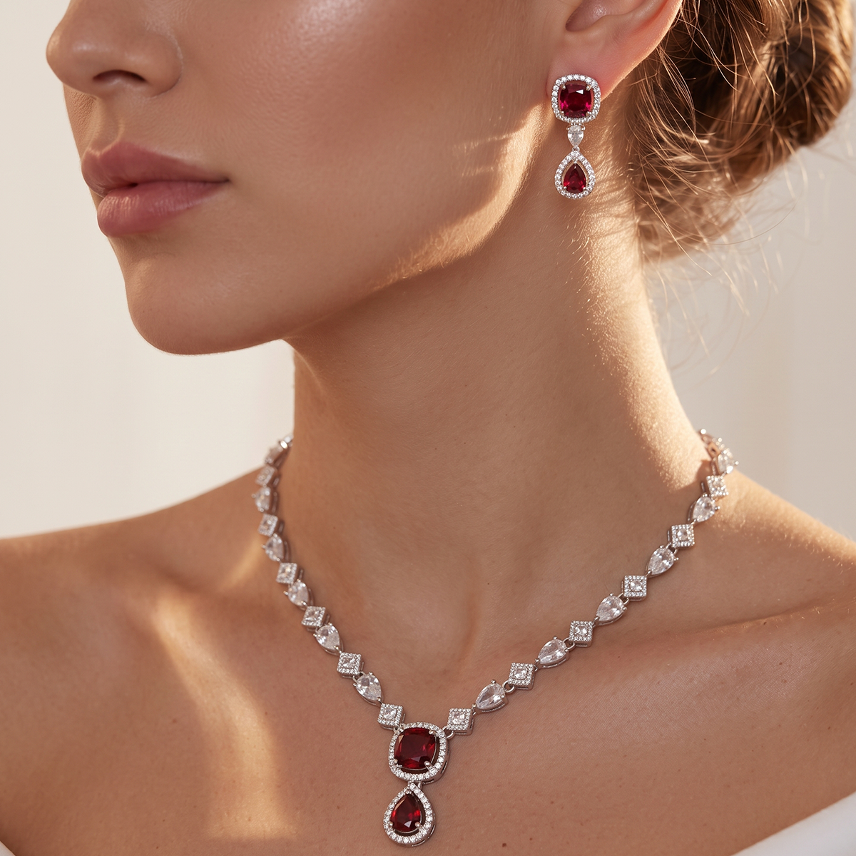 Silver Crystal Necklace Set with Ruby-Look Double Drop