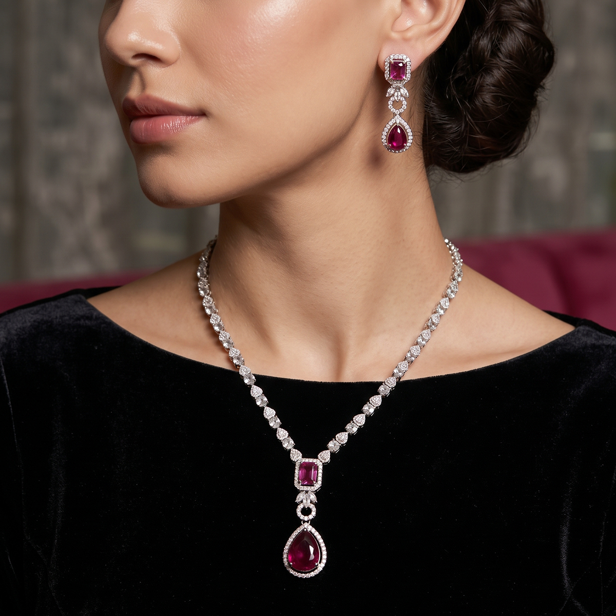 Silver Red Stone Pendant Necklace Set with Drop Earrings
