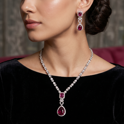 Silver Red Stone Pendant Necklace Set with Drop Earrings