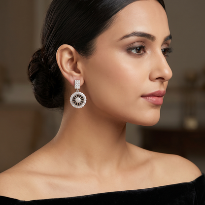 Silver Crystal Medallion Drop Earrings with Blue Stones