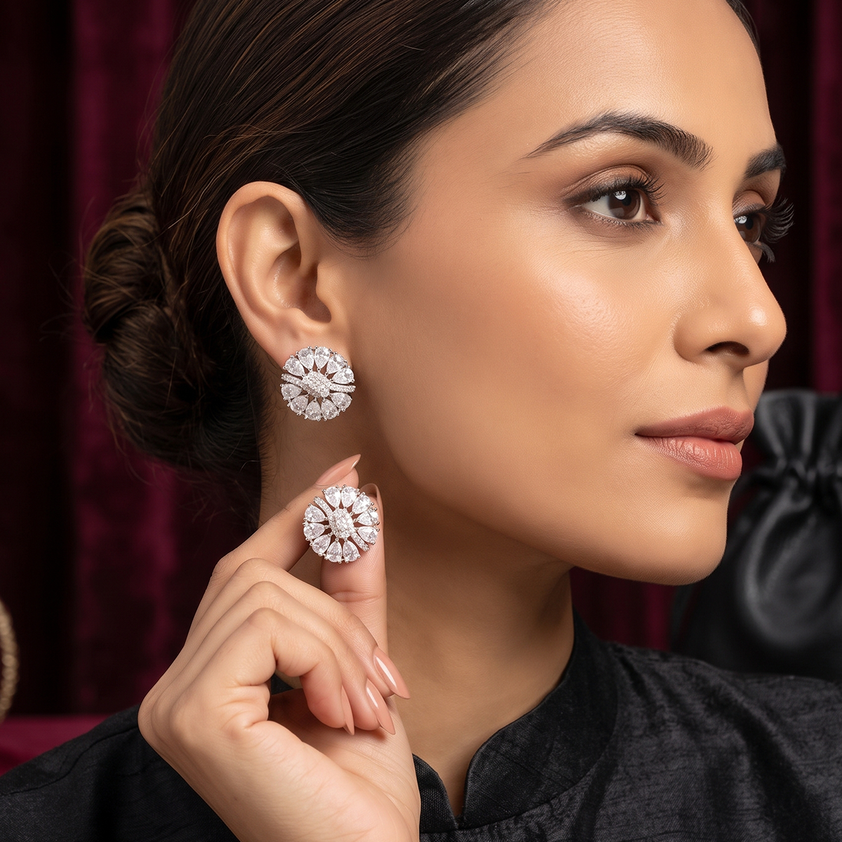 Silver Pear-Cut Crystal Floral Studs