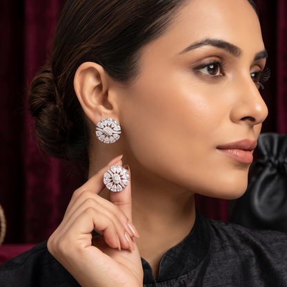 Silver Pear-Cut Crystal Floral Studs