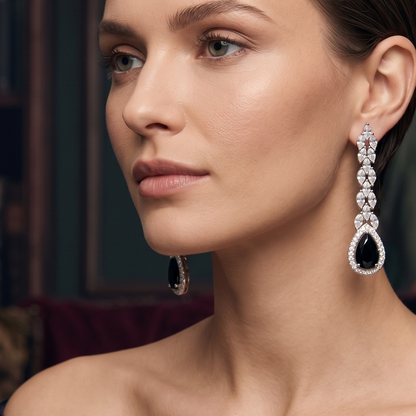 Silver & Black Onyx-Look Long Drop Earrings