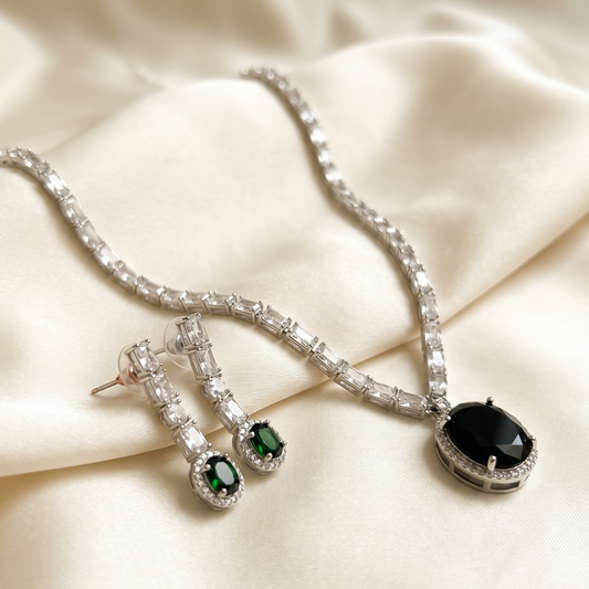 Silver Tennis Necklace Set with Green Oval Pendant