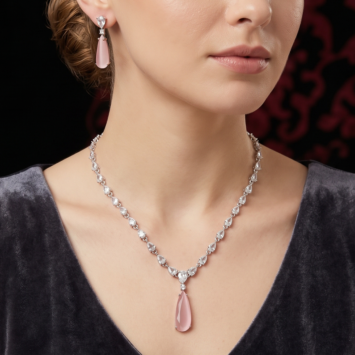 Blush Pink Stone Necklace Set with Drop Earrings