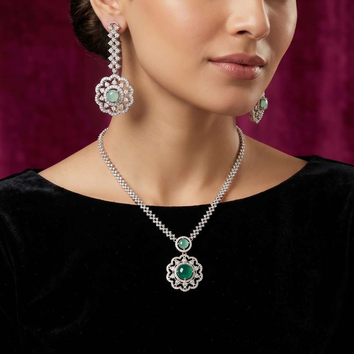Silver Crystal Statement Necklace Set with Emerald-Look Stone