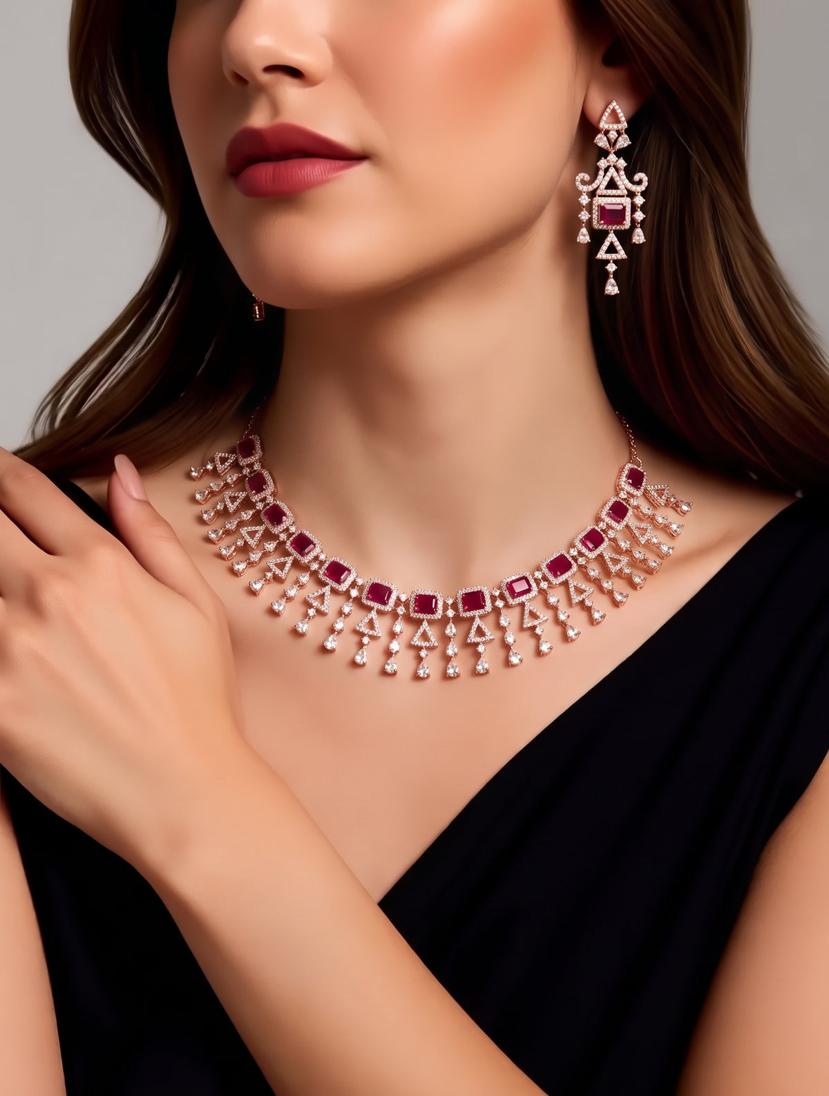 Rose Gold Ruby-Look Geometric Statement Necklace Set
