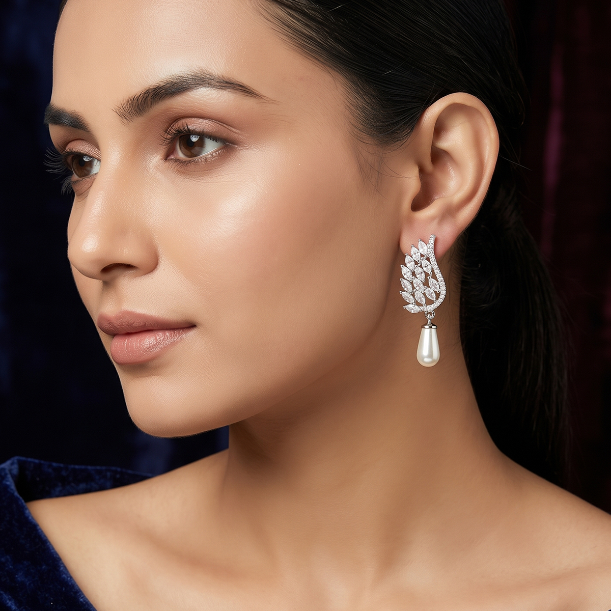 Silver Leaf Crystal Earrings with Pearl Drop