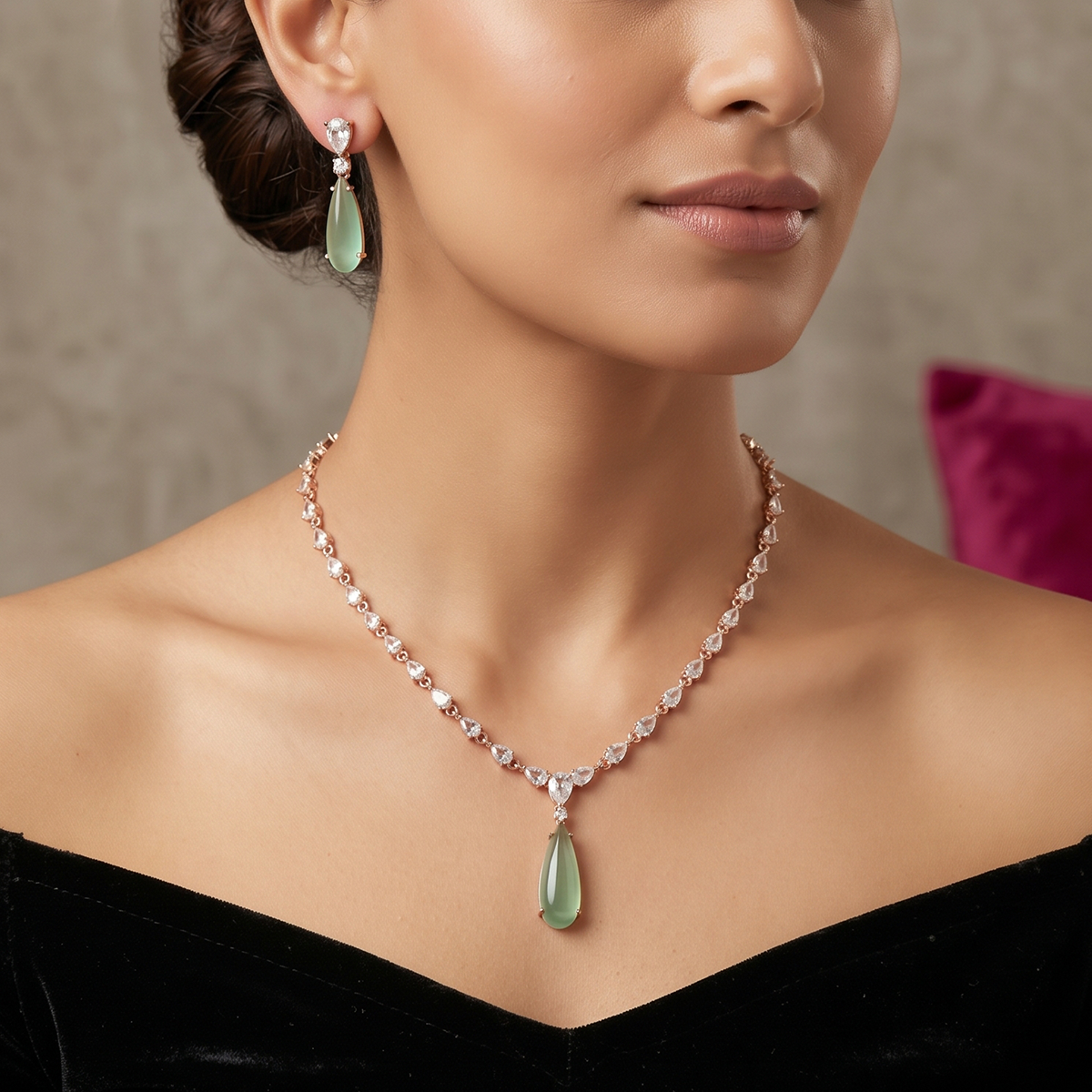 Rose Gold Mint Green Drop Pendant Necklace Set