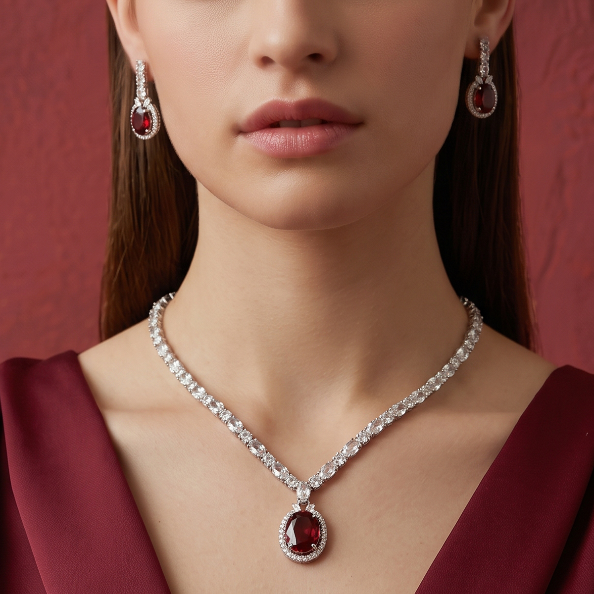 Silver Crystal Necklace Set with Garnet-Look Stone